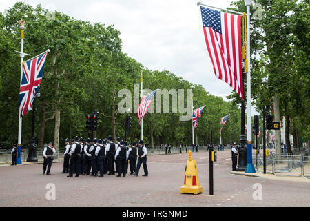 Londra REGNO UNITO 3 giugno 2019 a prescindere dalla polizia per le strade e marciapiedi erano praticamente vuota lungo il Mall, Londra centrale verso Buckingham Palace per Trump visita. Foto Stock