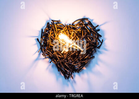 Il simbolo del cuore di fatto di bruciato-verso il basso corrisponde da vicino con un fiammifero che brucia nel centro e belle ombre. Il concetto della complessità dell'amore rela Foto Stock