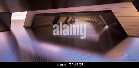 Colorato sfondo panoramico astratto: Tunnel in metallo. (Piastra posteriore dell'auto, illustrazione generata digitalmente dal computer di rendering 3D). Foto Stock