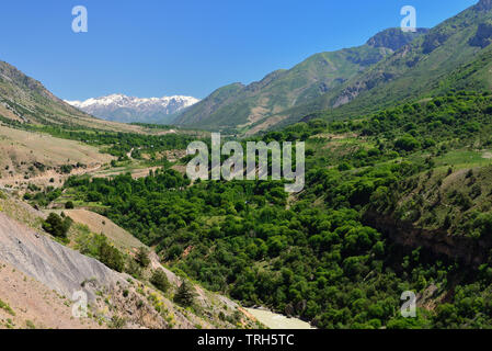 Paesaggio di montagna in Ugam - Chatkal National Park, meta di vacanza di escursionismo e avventura-sport situato vicino a Tashkent, Uzbekistan. Foto Stock