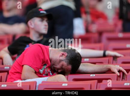 Ventola di Liverpool addormentato in gabbie prima del gioco, Tottenham Hotspur FC V Liverpool FC, 2019 Foto Stock