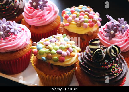 Primo piano di una piastra di tortine decorate con mini smarties e cioccolato e spruzza e fiori di zucchero Foto Stock