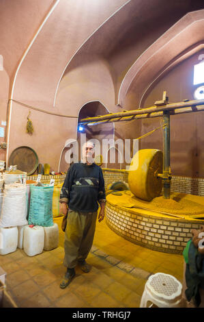 Un negozio di molatura e la vendita di carni curcuma in Kashan bazaar in Iran. Il bazar è pensato per essere stata costruita durante la dinastia di Seljuk. Foto Stock