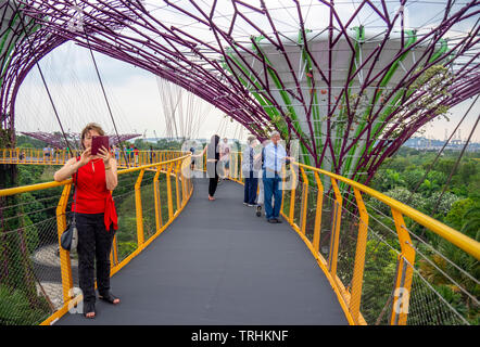 I turisti sulla passerella elevata OCBC Skyway tra due dei Supertrees nel Supertree Grove a giardini dalla Baia di Singapore. Foto Stock