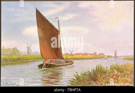 Cartolina A Norfolk Wherry sulla bure da Alan Mortimer 1911 Foto Stock