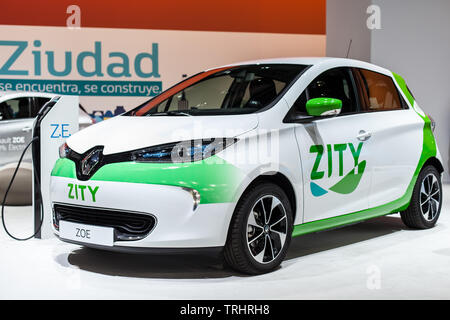 Barcellona, Spagna - 19 Maggio 2019: Renault Zoe del Zity carsharing azienda esposti all Automobile Barcellona 2019. Foto Stock