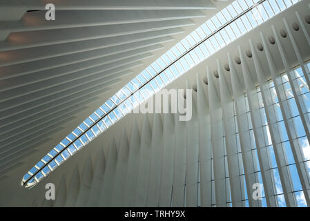 La straordinaria architettura dell'occhio hub di trasporto nel centro cittadino di New York quartiere finanziario della città Foto Stock