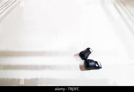 Due nero guantoni da pugilato giacciono su pugilato ring in bianco. L'ombra dell'anello cade sui pavimenti. Lasciato vuoto lo spazio della firma Foto Stock