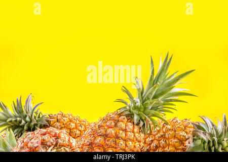 Bella di ananas fresco isolato su colore giallo brillante background, estate frutta di stagione idea design pattern concetto, spazio copia, close up Foto Stock