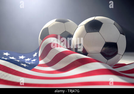 Due regolari pannello cucire palloni da calcio in appoggio su un drappo bandiera americana isolato su un buio di sfondo per studio - 3D render Foto Stock