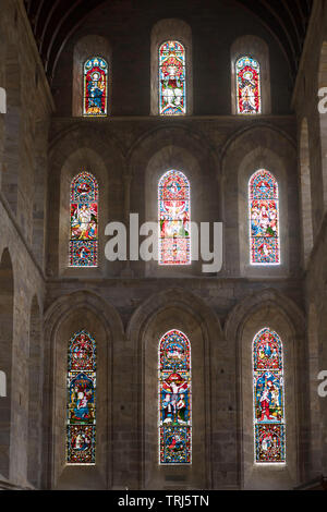 Xix secolo est le finestre di vetro macchiate in Brinkburn Priory chiesa, Longframlington, Northumberland, England, Regno Unito Foto Stock