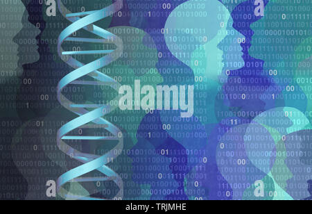 DNA il codice binario del genoma il concetto di scienza come un microbiologia o biochimica del computer con la tecnologia 3D'illustrazione degli elementi. Foto Stock