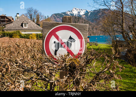 Firmare i cani non sono ammessi nei pressi dell'ingresso alla spiaggia del lago di montagna. Animali domestici non ammessi segno. Foto Stock