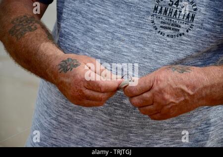 Tatuato mani dell'uomo infilaggio di un gancio di pesce con live calamari esca, pesca della spigola, la costa del Mare del Nord, Lincolnshire, Inghilterra, Regno Unito. Foto Stock