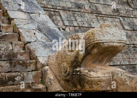 Cabeza Serpiente dios Kukulcán o Quetzalcóatl maya. Pirámide El Castillo. Yacimiento Arqueológico de Maya Chichén Itzá. Estado de Yucatán, Península d Foto Stock