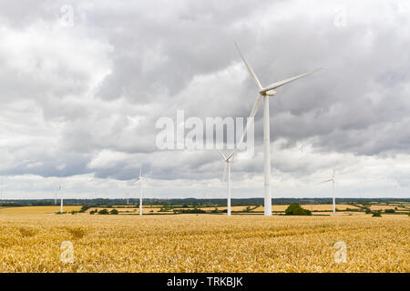 Crick, Northamptonshire, Regno Unito: Cinque turbine eoliche si trovano in un campo di grano maturo e giallo sotto un cielo di spesse nuvole grigie. Foto Stock