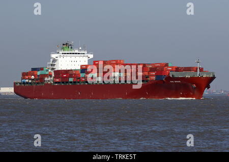 La nave portacontainer Sino ponte passa il 17 aprile 2019 Cuxhaven sul fiume Elba e continua per il porto di Amburgo. Foto Stock