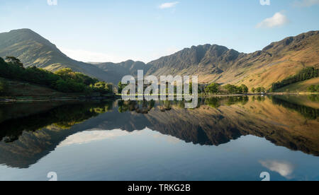 La mattina presto riflessioni di Fleetwith Pike, Haystacks e il famoso Buttermere pini, Buttermere, Lake District, Cumbria, North West England, Regno Unito Foto Stock