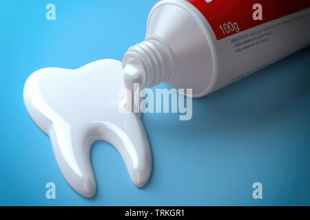 Il dentifricio a forma di dente che esce dal tubo di dentifricio. La spazzolatura dei denti concetto dentale. 3d illustrazione Foto Stock