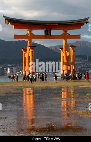 Floating Torii gate a bassa marea, Miyajima, Giappone Foto Stock