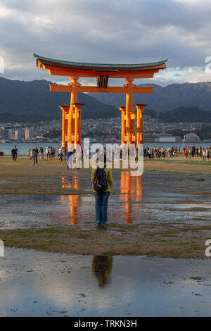 Floating Torii gate a bassa marea, Miyajima, Giappone Foto Stock