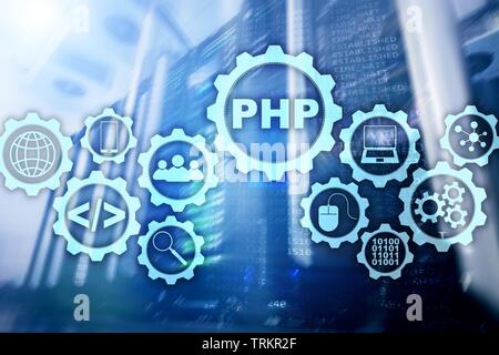 Linguaggio di programmazione di PHP. Lo sviluppo di programmazione e tecnologie di codifica.Cyber spazio concetto. Foto Stock