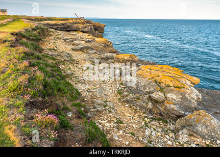 Drammatico paesaggio costiero a Portland Bill sulla isola di Portland, Jurassic Coast, Dorset, Inghilterra, Regno Unito. Foto Stock