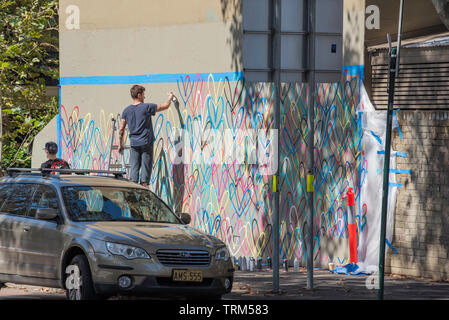 Un uomo su una scala usando le bombolette spray per creare un murale su una parete in Foveaux Street Surry Hills, Australia Foto Stock