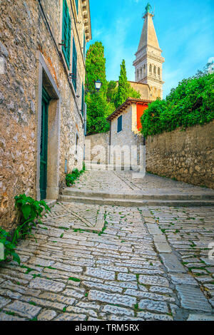 Ben noto turismo e viaggi posizione, mediterraneo strada di ciottoli con case di pietra e la vecchia chiesa in background, Rovigno, Istria, CRO Foto Stock