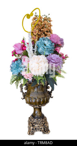 Bellezza bouquet multicolore di fiori decorazioni rétro marrone vaso in ceramica, isolato su sfondo bianco Foto Stock