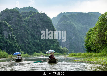 Attività a valle nella valle di montagna sulla barca con il vietnamita con piede pala in Ngo Dong river, Ninh Binh, Halong Bay a terra Foto Stock