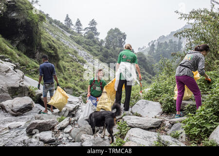 Volontari per l organizzazione "Rifiuti dei guerrieri di pulizia sono una cascata in India del nord Foto Stock