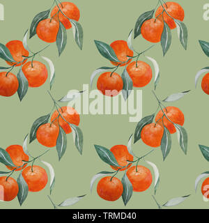 Abstract acquarello dipinto a mano seamless pattern con tangerine rami e foglie su sfondo cachi Foto Stock