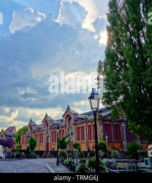 Colmar, Francia - Agosto 2015: Drammatico sky getta luce impressionanti sulla storica farmers market building, chiamato Marche Couvert de Colmar Foto Stock