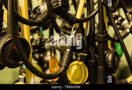 Attrezzatura per immersioni bombole di ossigeno tubo closeup view Foto Stock