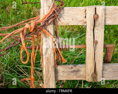 Dettaglio del vecchio cancello in legno medaglione con lo spago arancione e la catena Foto Stock