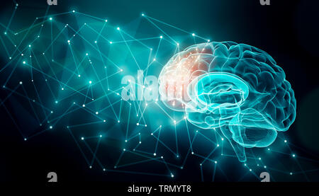 Cervello umano attività con le linee del plesso.. Esterno connessioni cerebrale nel lobo frontale. Comunicazione, psicologia, intelligenza artificiale o AI, Foto Stock