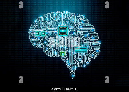 Umano cervello elettronico di scheda a circuito stampato o PCB design con componenti e cpu sul codice binario sfondo. Transumanesimo, artificiale o macchina int Foto Stock