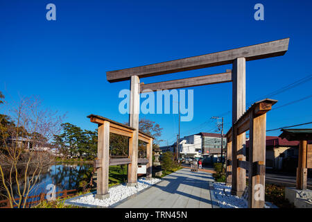 Asia, Giappone, Honshu, nella prefettura di Kanagawa, Odawara, porta di legno torii Foto Stock