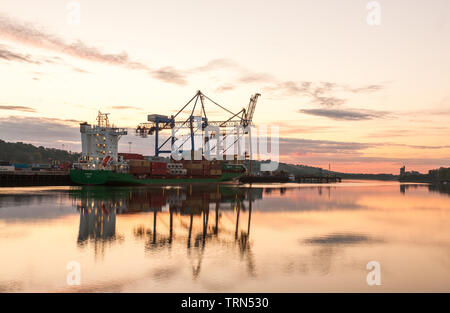 Tivoli, Cork, Irlanda. Decimo Giugno, 2019. Una luminosa mattina d'estate come la nave cargo Elbffeder contenitori carichi di esportazione prima del sorgere del sole a Tivoli Docks a Cork in Irlanda. Credito; David Creedon / Alamy Live News Foto Stock