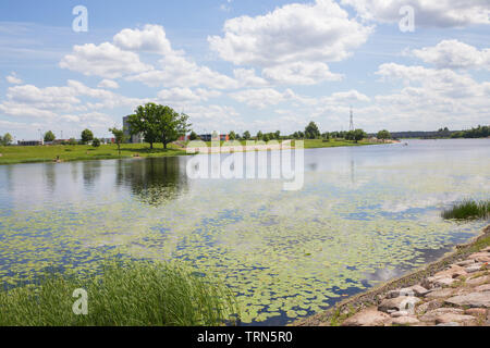 Città Jelgava, Repubblica Lettone. Fiume Lielupe, la gente a prendere il sole sulla riva del fiume. Jun 9. 2019. Foto di viaggio. Foto Stock