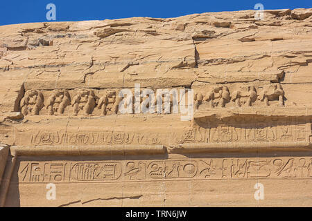I babbuini sopra l'entrata del Grande Tempio di Abu Simbel Foto Stock