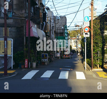 Tokyo, Giappone - 23 Novembre 2018: una tranquilla strada laterale nel quartiere di Ueno al tramonto Foto Stock