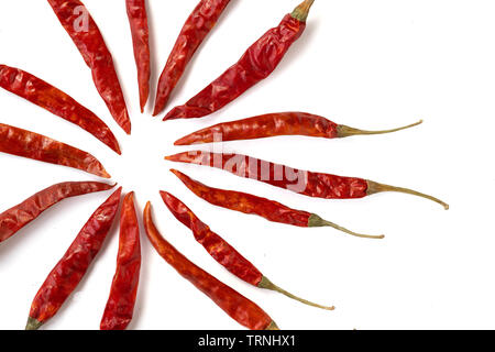 Rosso peperoncino essiccato o rilassatevi nel gruppo isolato su sfondo bianco. Foto Stock