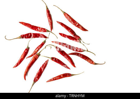Rosso peperoncino essiccato o rilassatevi nel gruppo isolato su sfondo bianco. Foto Stock