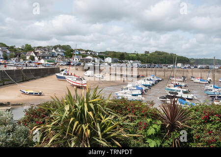 Barche ormeggiate nel porto a Saundersfoot, Pembrokeshire, Galles Foto Stock