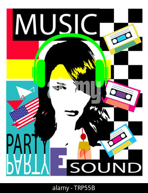 Dj party sfondo con una ragazza con le cuffie blue bandiera americana e cassete tape Foto Stock