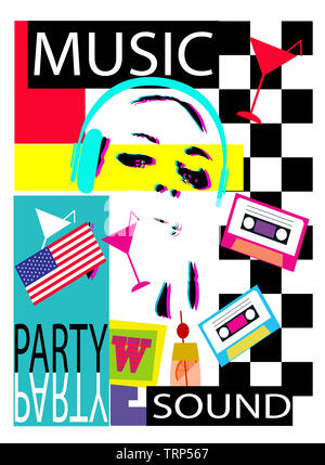 Dj party sfondo con una ragazza con le cuffie blue bandiera americana e cassete tape Foto Stock