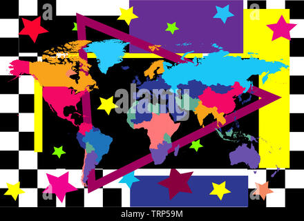 Mappa mondo colorato pop art background, il vettore con i paesi Foto Stock