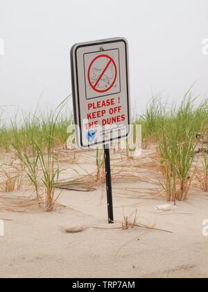 Installate recentemente segno a duna di recente ricostruzione in Ocean Beach, l'unità 1 in Toms River, New Jersey. Indicazioni avverte di tenere spenta la duna e Duna nuova erba. Foto Stock